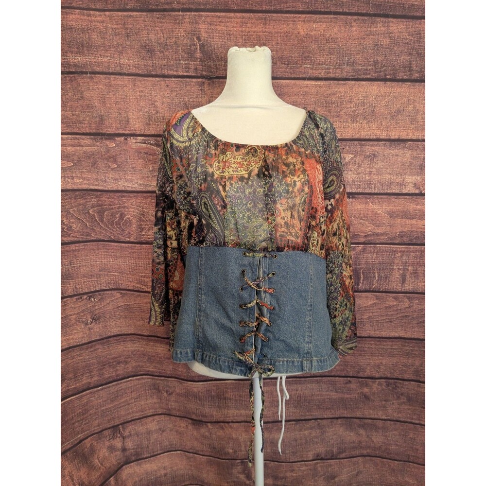 Metro Style Womens Medium Paisley Mixed Media Denim Boho Blouse Cowgirl